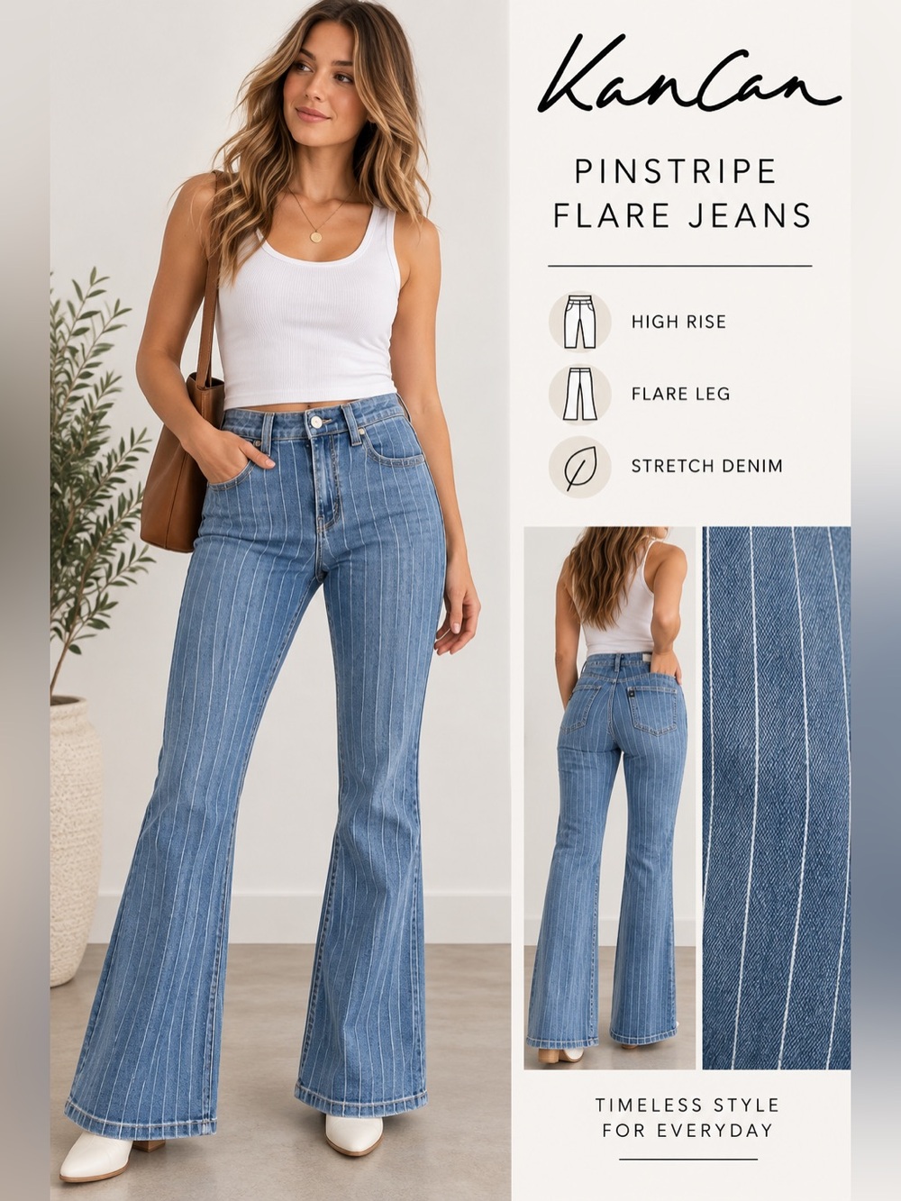KanCan Pinstripe Flare Jeans Size 9/28 High Rise Blue Denim Bell Bottoms
